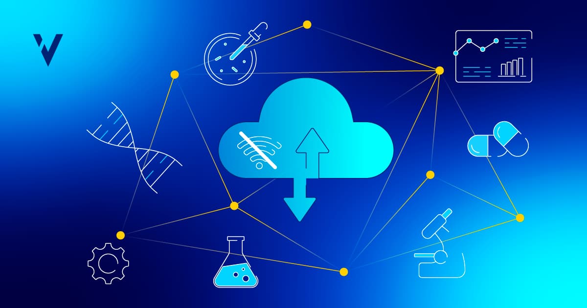 Cloud-based computer system validation (CSV) illustrated with icons of data analytics and pharma elements, representing ValGenesis VLMS platform for life sciences