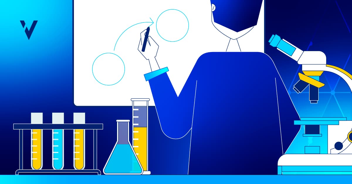 A person drawing a manufacturing process on a whiteboard in a pharmaceutical lab. The scene includes a table with test tubes, and lab equipment.