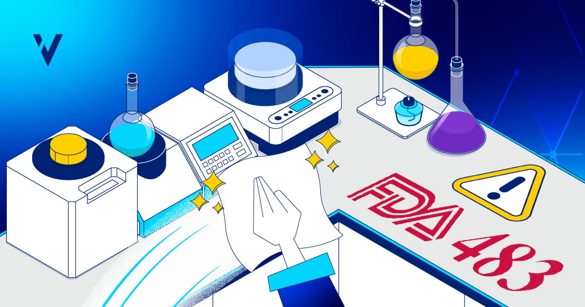 An illustration of a hand wiping down laboratory equipment. The FDA 483 warning label is displayed in the foreground.