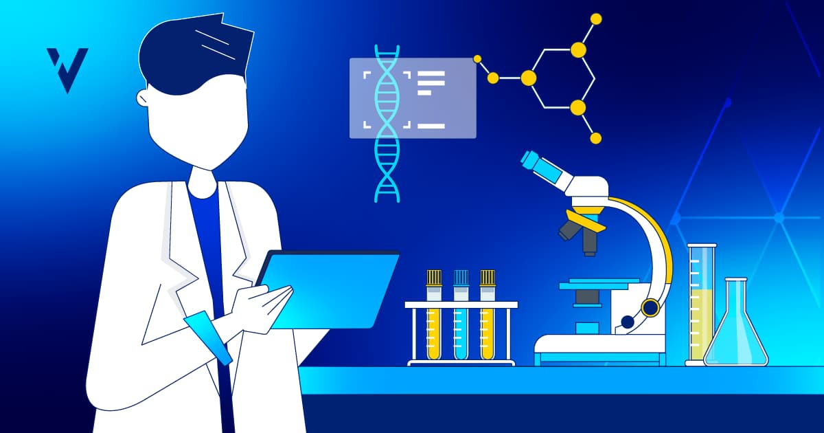 Illustration of a scientist in a lab coat holding a tablet. Background images include scientific icons like a DNA strand, molecular structures, a microscope, test tubes, and beakers. The color scheme is predominantly blue and white, giving a modern, technological feel. ValGenesis logo is visible in the top left corner.