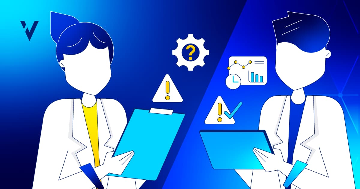 The image shows two professionals in lab coats—one holding a clipboard, the other using a tablet—surrounded by icons like warnings, charts, and a question mark, suggesting the advantages of digital CPV over manual CPV.