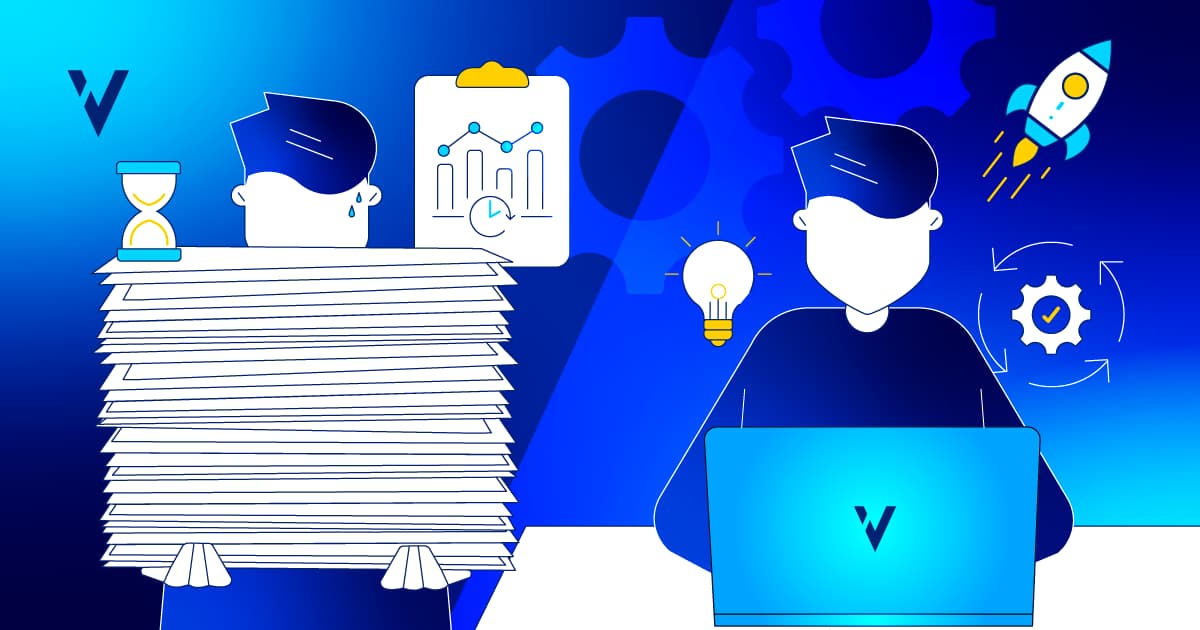 The image contrasts two figures: on the left, a person sweating while holding a large stack of paperwork and an hourglass, symbolizing a slow process. On the right, a person sits at a laptop, surrounded by icons like a light bulb, rocket, and gear with a checkmark, representing efficiency and agility.